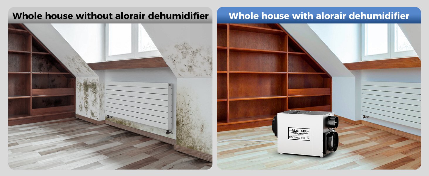 Attic room comparison showing mold and moisture damage without an AlorAir dehumidifier versus a dry attic with the Sentinel WHD100 installed