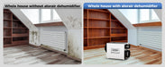 Attic room comparison showing mold and moisture damage without an AlorAir dehumidifier versus a dry attic with the Sentinel WHD100 installed