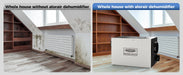 Attic room comparison showing mold and moisture damage without an AlorAir dehumidifier versus a dry attic with the Sentinel WHD150 installed