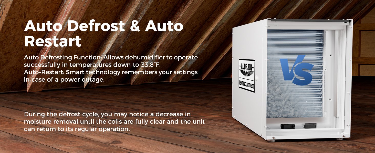 AlorAir Sentinel WHD200 auto defrost and auto restart feature graphic showing internal coil comparison in an attic installation