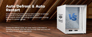 AlorAir Sentinel WHD200 auto defrost and auto restart feature graphic showing internal coil comparison in an attic installation