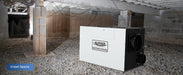 AlorAir Sentinel WHD200 whole house dehumidifier installed on a gravel crawl space floor
