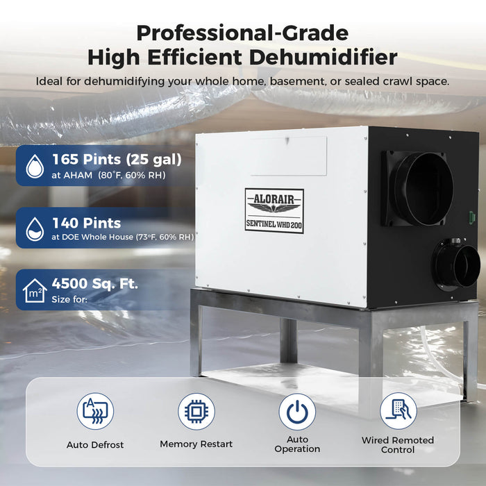AlorAir Sentinel WHD150/WHD200 Whole House Dehumidifier on a steel stand in a crawl space, rated 165 pints and 4500 sq. ft. with auto defrost features