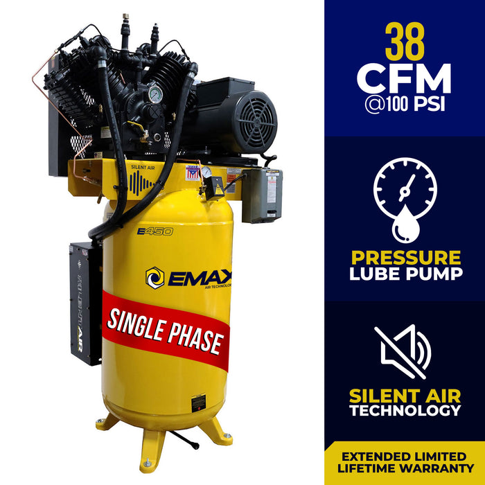 Silent air industrial piston air compressor E450-S series delivering 38 CFM at 100 PSI with pressure lube pump and vertical tank