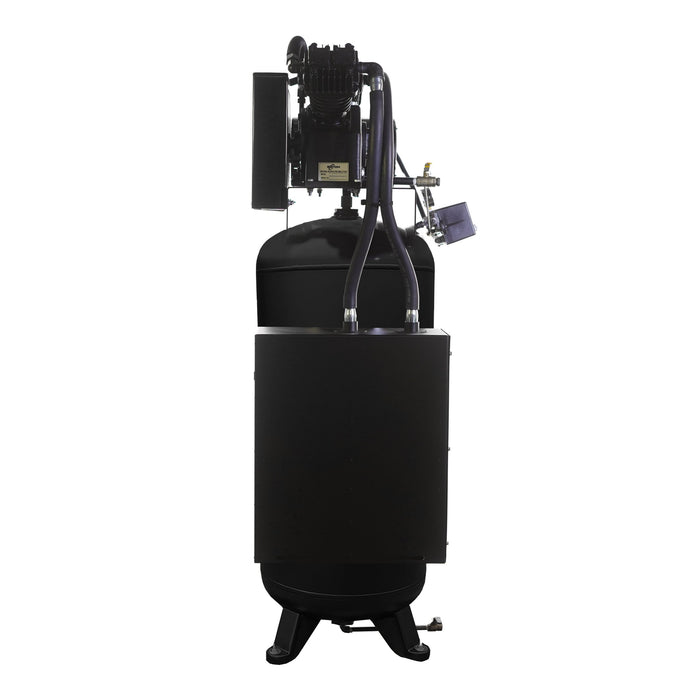 Rear view of EMAX E250S silent air industrial piston air compressor showing motor and vertical tank design