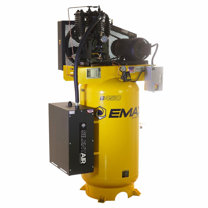 Angled view of E450-S series silent air industrial piston compressor showing motor assembly and sound reducing enclosure