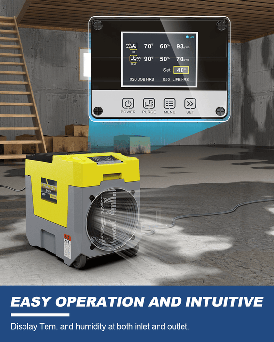 AlorAir Storm SLGR 850X digital display showing inlet and outlet temperature, humidity, and grains readings for easy operation