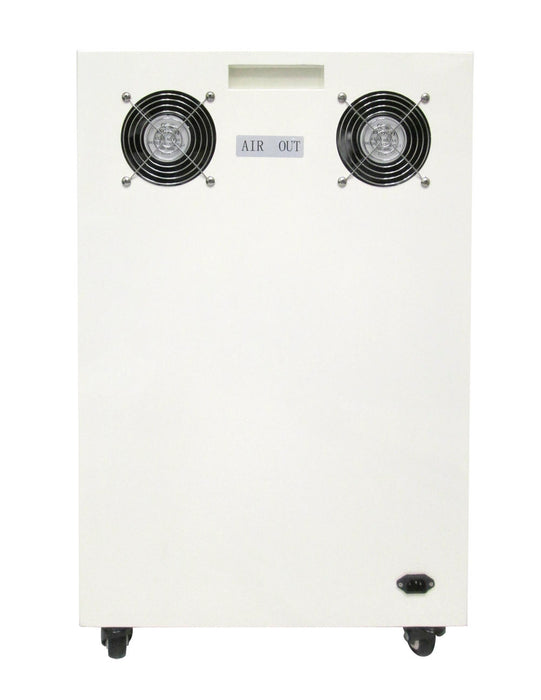 Rear view of California Air Tools ultra quiet air compressor showing cooling fans and air outlet panel
