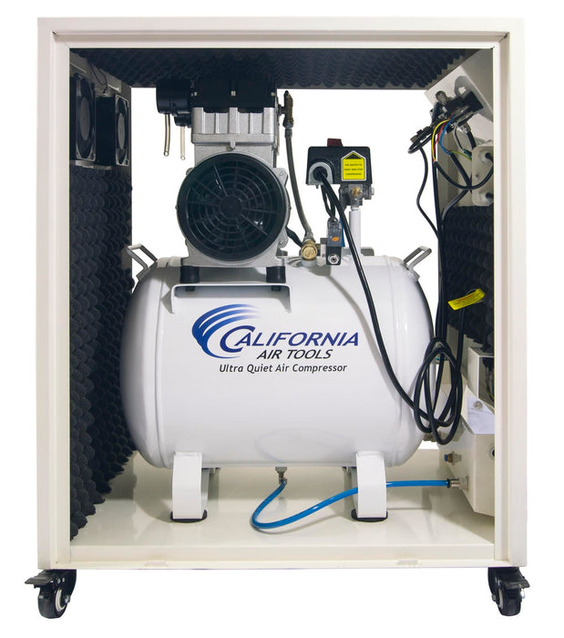 Inside view of California Air Tools ultra quiet air compressor sound proof cabinet with access panel