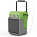 AlorAir Storm 80X commercial dehumidifier in green, shown at an angle with drain hose attached