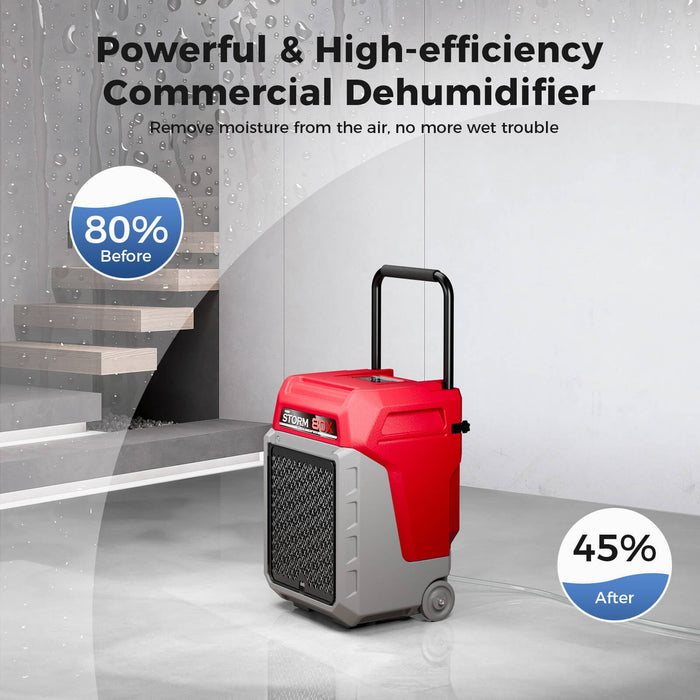 AlorAir Storm 80X powerful and high-efficiency graphic showing humidity reduced from 80% before to 45% after use