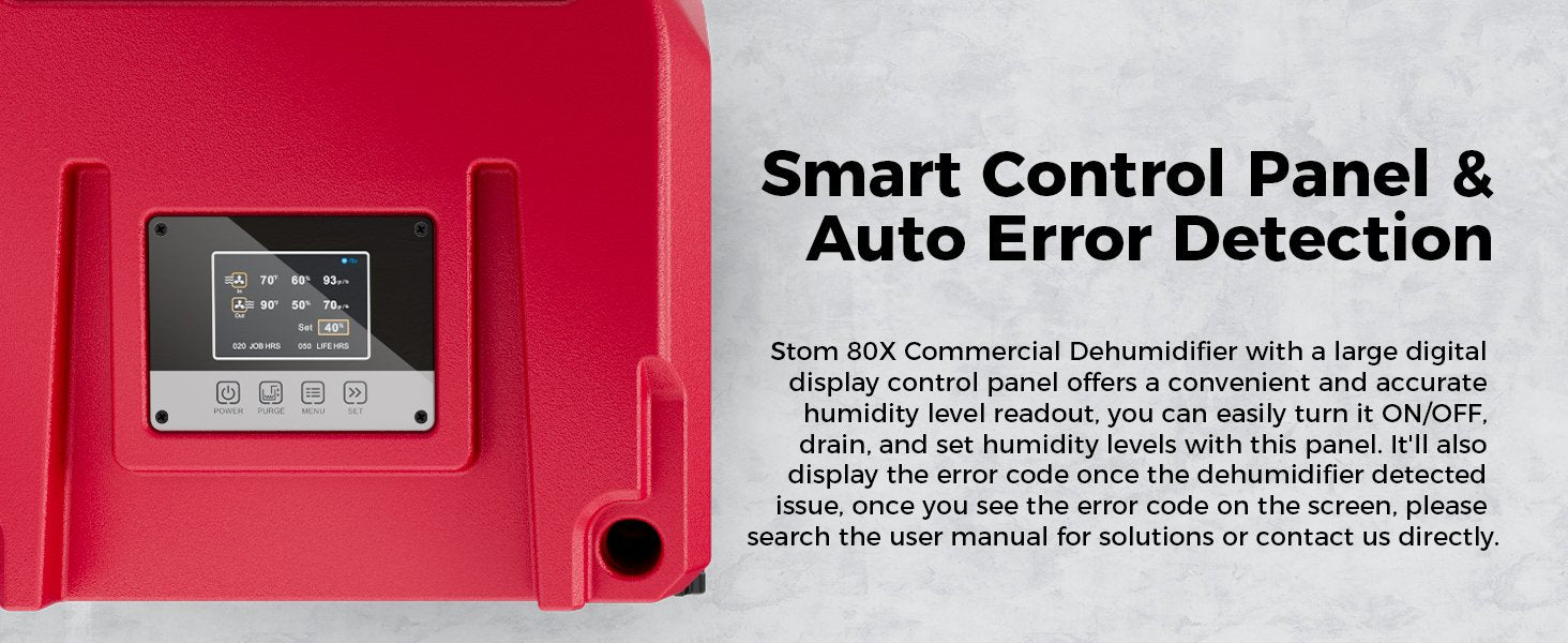 AlorAir Storm 80X smart control panel with digital display and auto error detection showing job hours and life hours
