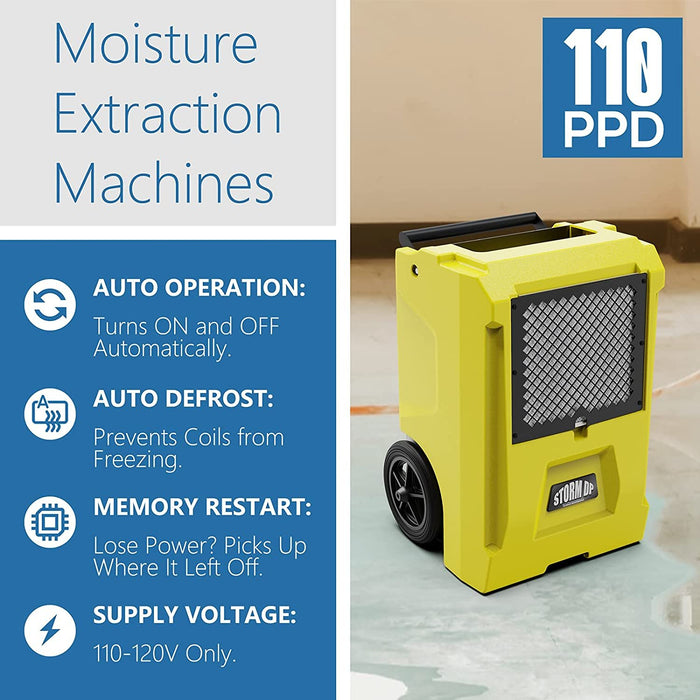 AlorAir Storm DP50 industrial dehumidifier moisture extraction machine rated 110 PPD, shown on a job site floor