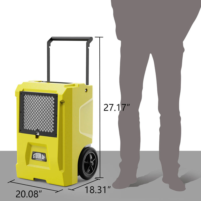 AlorAir Storm DP50 dimension diagram showing 27.17 inch height, 20.08 inch depth, and 18.31 inch width compared to a person