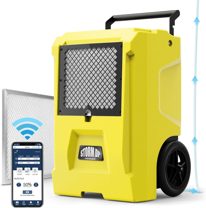 AlorAir Storm DP50 dehumidifier hero shot with WiFi app screenshot and MERV filter shown alongside the unit