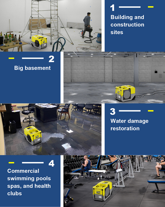 AlorAir Storm LGR 1250X Yellow WiFi commercial dehumidifier used in construction, basements, water restoration, and gyms.