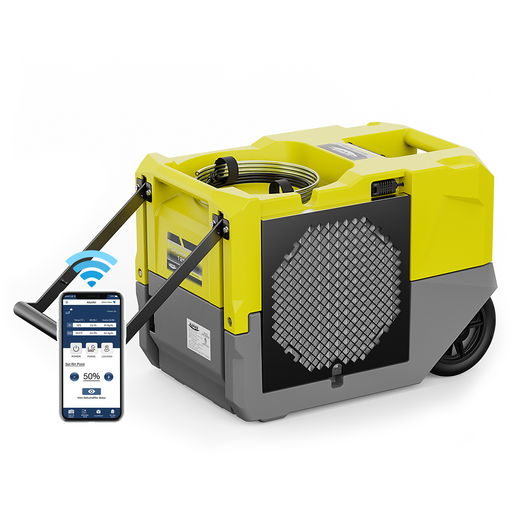 AlorAir Storm LGR 1250X Yellow WiFi commercial dehumidifier with extended folding handle and mobile app support.