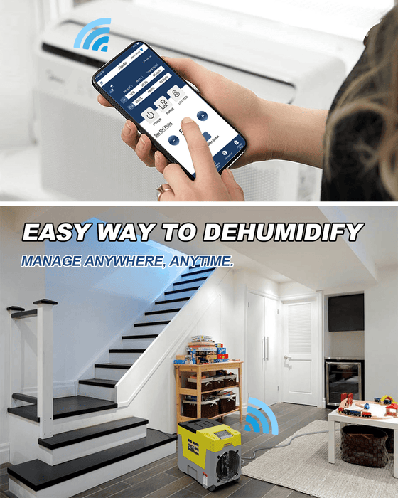 AlorAir app remote control screen on a smartphone next to the Storm SLGR 850X dehumidifier operating in a basement