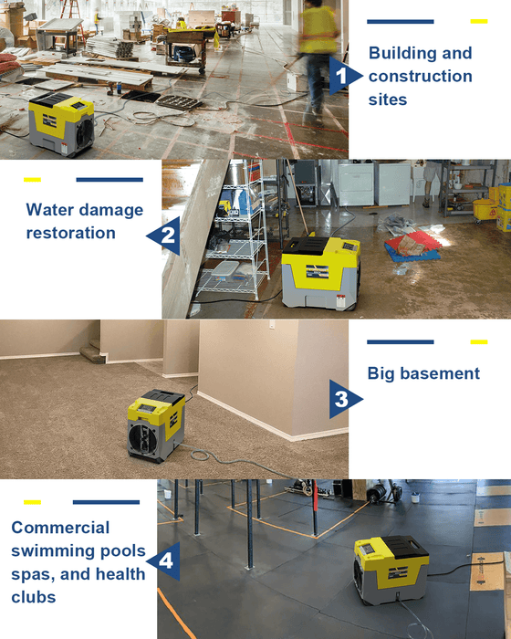 AlorAir Storm SLGR 850X dehumidifier shown in four applications: construction sites, water damage restoration, big basements, and commercial pools