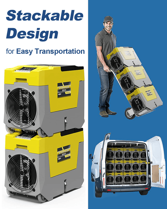 AlorAir Storm SLGR 850X dehumidifiers stacked and loaded into a cargo van for job site transportation