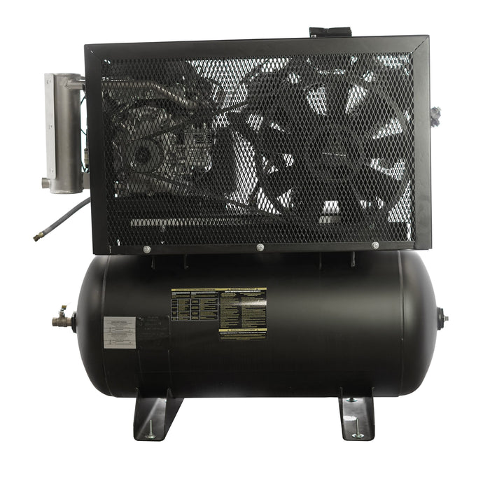 Rear view of EMAX Honda GX gas powered truck mount stationary air compressor with belt guard horizontal tank and industrial frame