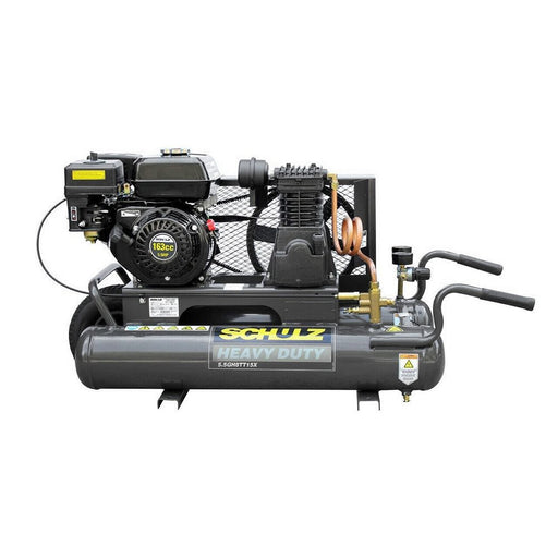 Schulz gas engine air compressor with 5.5 HP motor and 15 CFM output, twin tank design for portable jobsite use