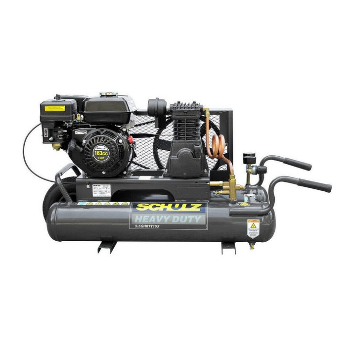 Schulz gas engine air compressor with 5.5 HP motor and 15 CFM output, twin tank design for portable jobsite use