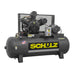 Horizontal Schulz two stage heavy duty air compressor equipped with a 10 HP motor and high-capacity steel tank.