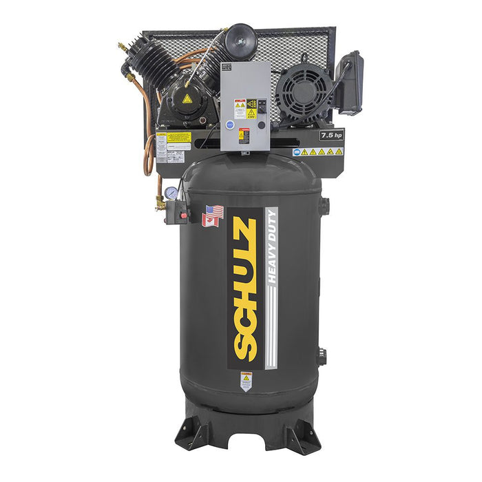 Vertical Schulz V Series two stage air compressor featuring a 7.5 HP motor, heavy duty tank, and industrial piston design.