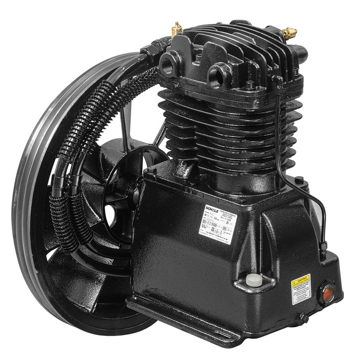 Detail view of the Schulz MSL 40 two stage lubricated cast iron compressor pump, showing construction features
