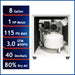 Specification graphic showing 8 gallon tank, 1 HP motor, 115 PSI max, 3.0 CFM at 90 PSI, and 40 decibel noise level