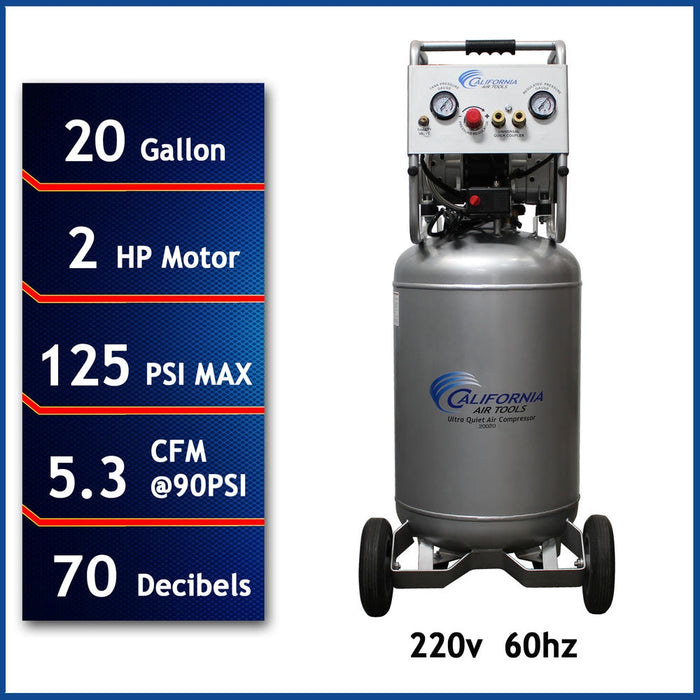 Front view of California Air Tools Ultra Quiet & Oil-Free air compressor with 20 gallon tank, 2.0 HP motor, 220V 60Hz power, and performance specifications.