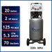 Front view of California Air Tools Ultra Quiet & Oil-Free air compressor with 20 gallon tank, 2.0 HP motor, 220V 60Hz power, and performance specifications.