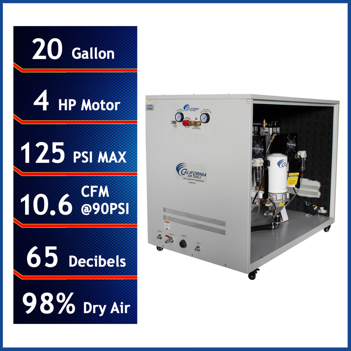 Specifications graphic for 20 gallon 4 HP ultra quiet oil-free air compressor with sound proof cabinet by California Air Tools