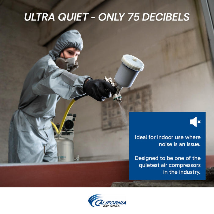 California Air Tools ultra quiet air compressor shown in indoor use at only 75 decibels