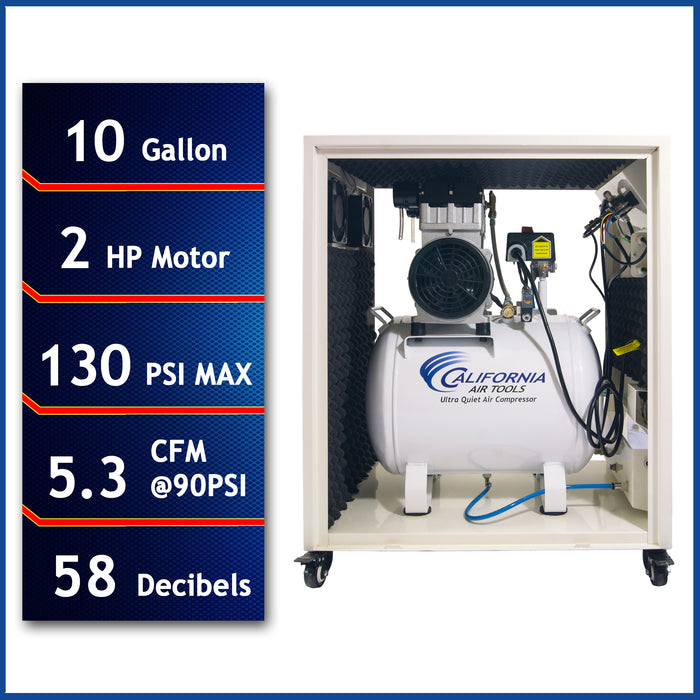 Front view of ultra quiet oil-free air compressor with 10 gallon tank 2 HP motor and sound proof cabinet specifications