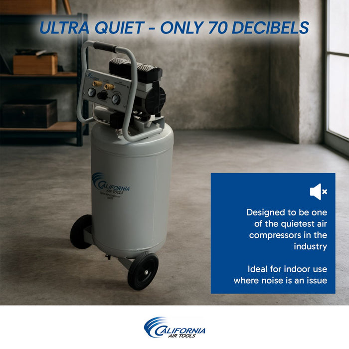 California Air Tools ultra quiet air compressor shown in indoor setting highlighting low 70 decibel noise level