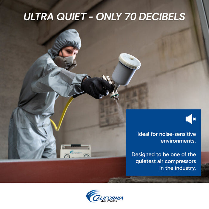 California Air Tools Ultra Quiet & Oil-Free Compressor operating at 70 decibels during paint spraying in a noise sensitive environment.
