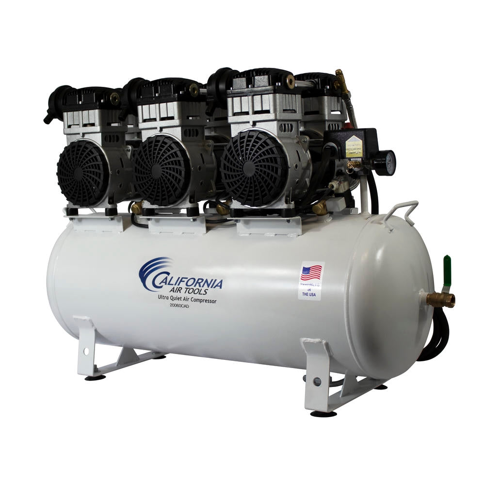 Angled view of California Air Tools oil-free ultra quiet air compressor showing triple motor design and 20 gallon tank