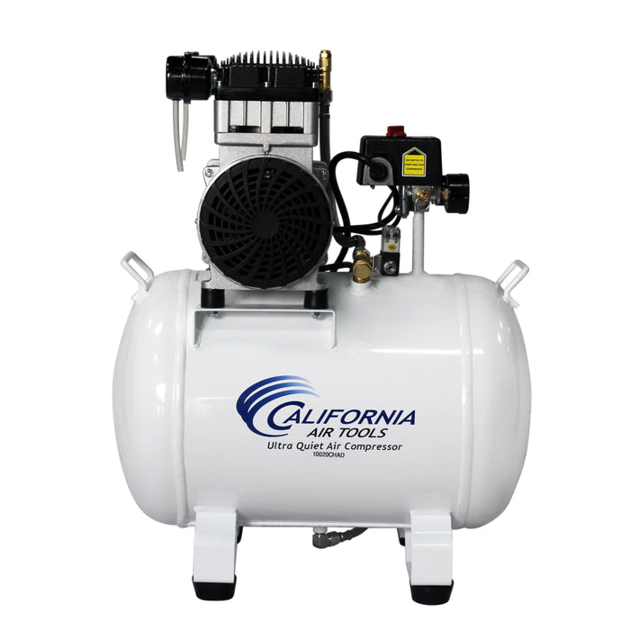 Front view of California Air Tools Ultra Quiet & Oil-Free Compressor with horizontal steel air tank
