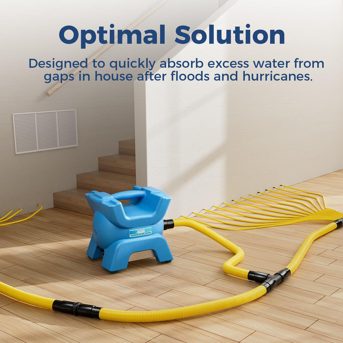 AlorAir X-Force blower positioned near a basement staircase running yellow hose lines through a floor vent, the optimal solution after floods and hurricanes