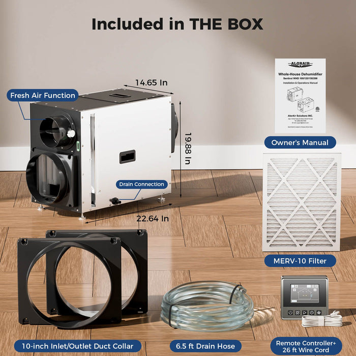 What's included with the AlorAir WHD100/120/150/200 whole house dehumidifier: owner's manual, MERV-10 filter, duct collars, drain hose, and remote controller