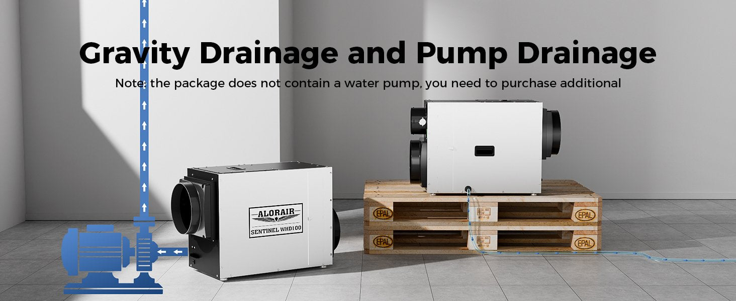 AlorAir Sentinel WHD100 gravity drainage and pump drainage diagram with unit mounted on shipping pallet