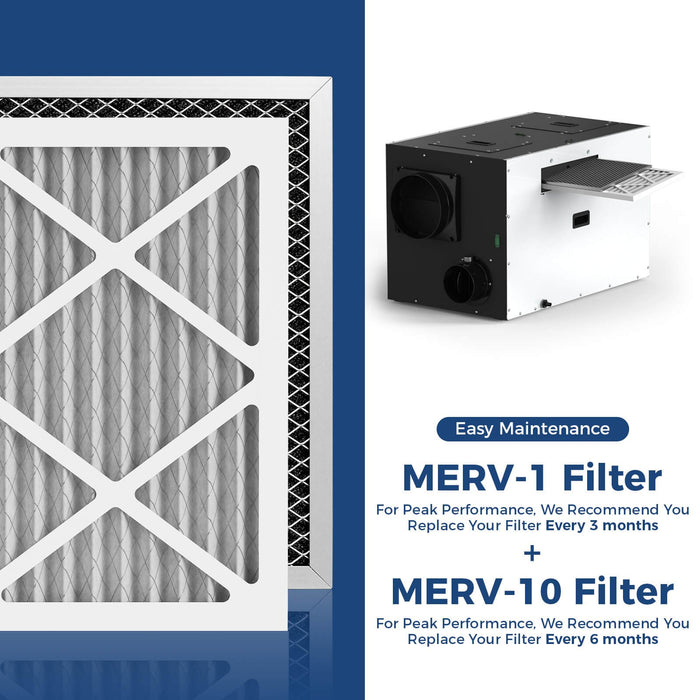 AlorAir WHD150/WHD200 dehumidifier dual-stage MERV-1 and MERV-10 filter maintenance detail