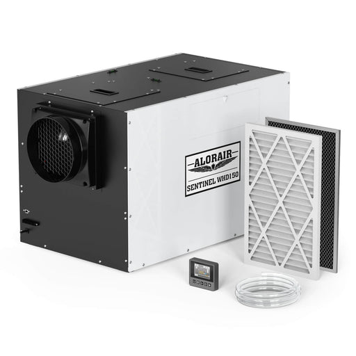 AlorAir Sentinel WHD150 Whole House Dehumidifier shown with two included air filters, wired remote control display and coiled clear drain hose