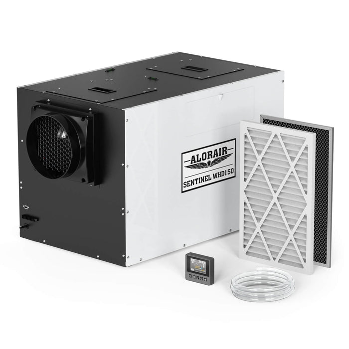 AlorAir Sentinel WHD150 Whole House Dehumidifier shown with two included air filters, wired remote control display and coiled clear drain hose