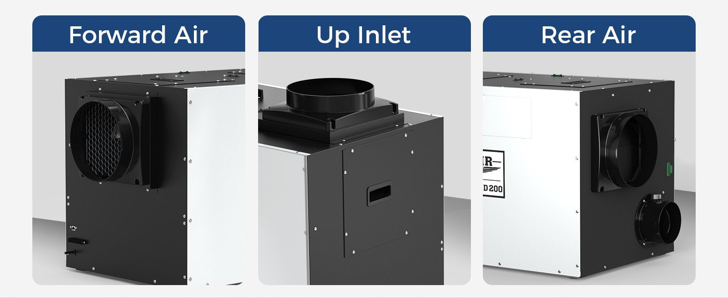 AlorAir Sentinel WHD200 whole house dehumidifier showing forward air, up inlet, and rear air configuration options