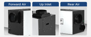 AlorAir Sentinel WHD200 whole house dehumidifier showing forward air, up inlet, and rear air configuration options