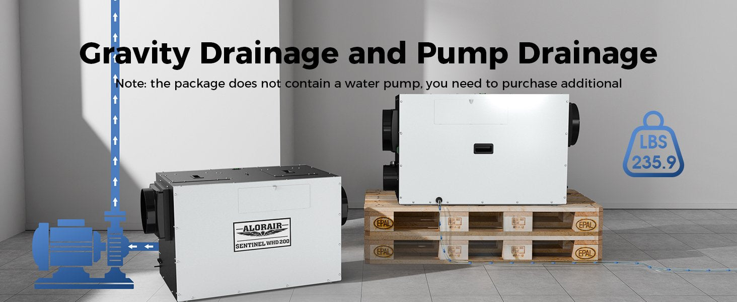 AlorAir Sentinel WHD200 gravity drainage and pump drainage diagram with unit mounted on shipping pallet