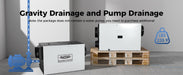 AlorAir Sentinel WHD200 gravity drainage and pump drainage diagram with unit mounted on shipping pallet